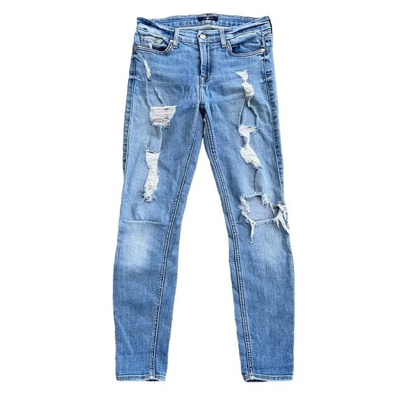 7 For All Mankind Distressed Light Wash Skinny Jeans - Picture 1 of 9